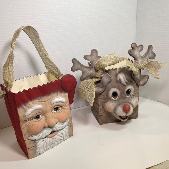 Vintage Handmade and painted Ceramic Santa & Reindeer Decorative Holiday Gift Ba - Picture 2 of 16